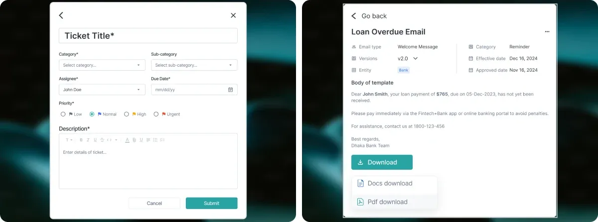 Ticket creation modal beside a loan overdue email template from the asset center