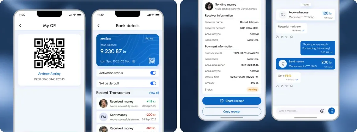 Personal QR code, connected bank details, and a shared receipt
