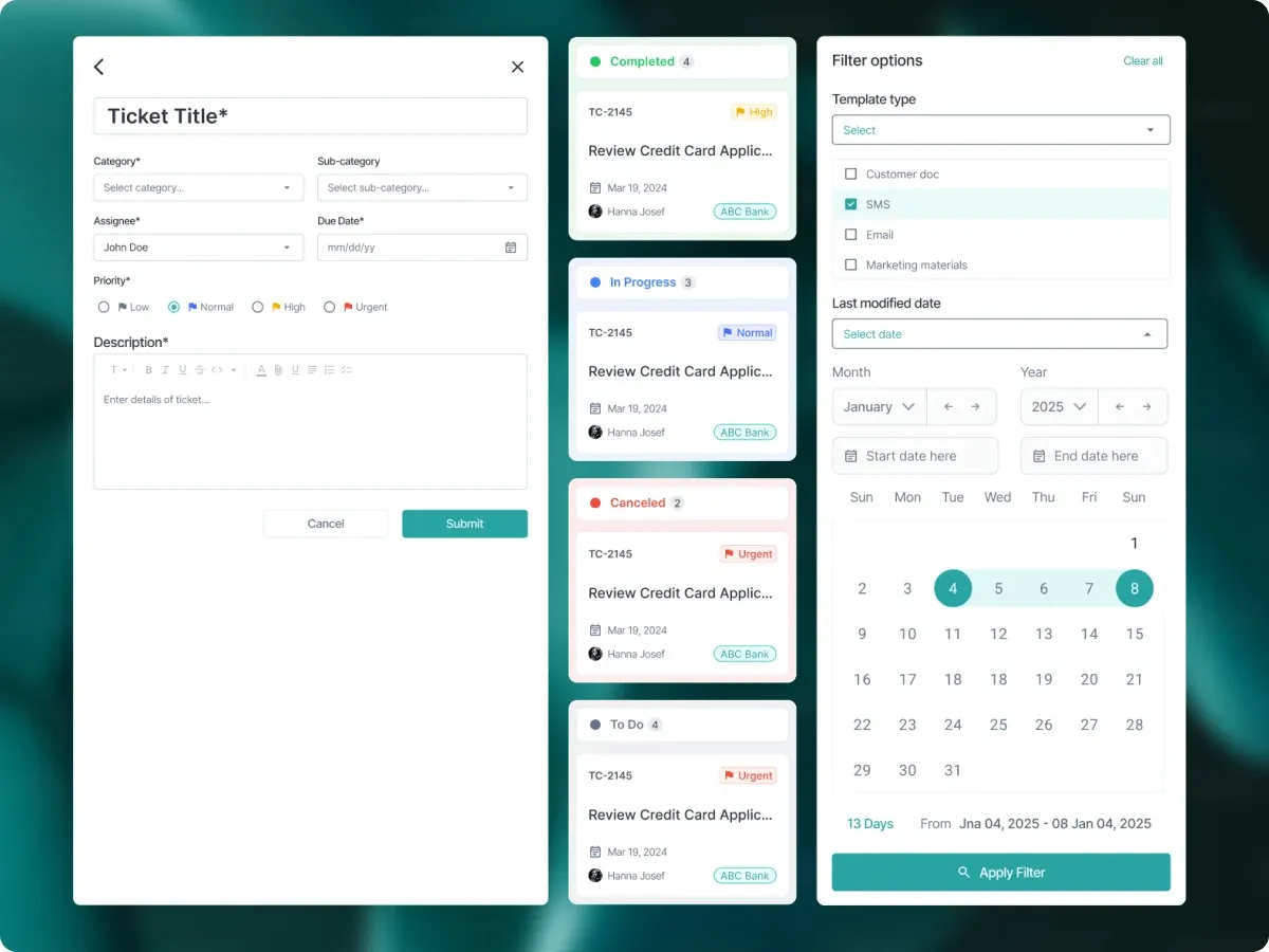 Ticket creation modal, status columns, and a date-range filter side by side