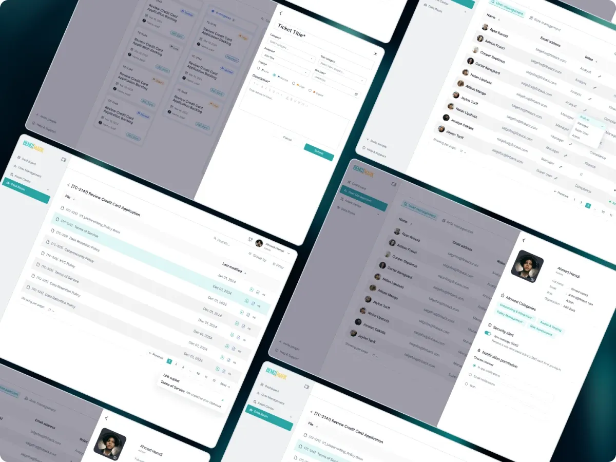 Perspective collage of Benchmark screens, kanban, data room, ticket creation, and user management