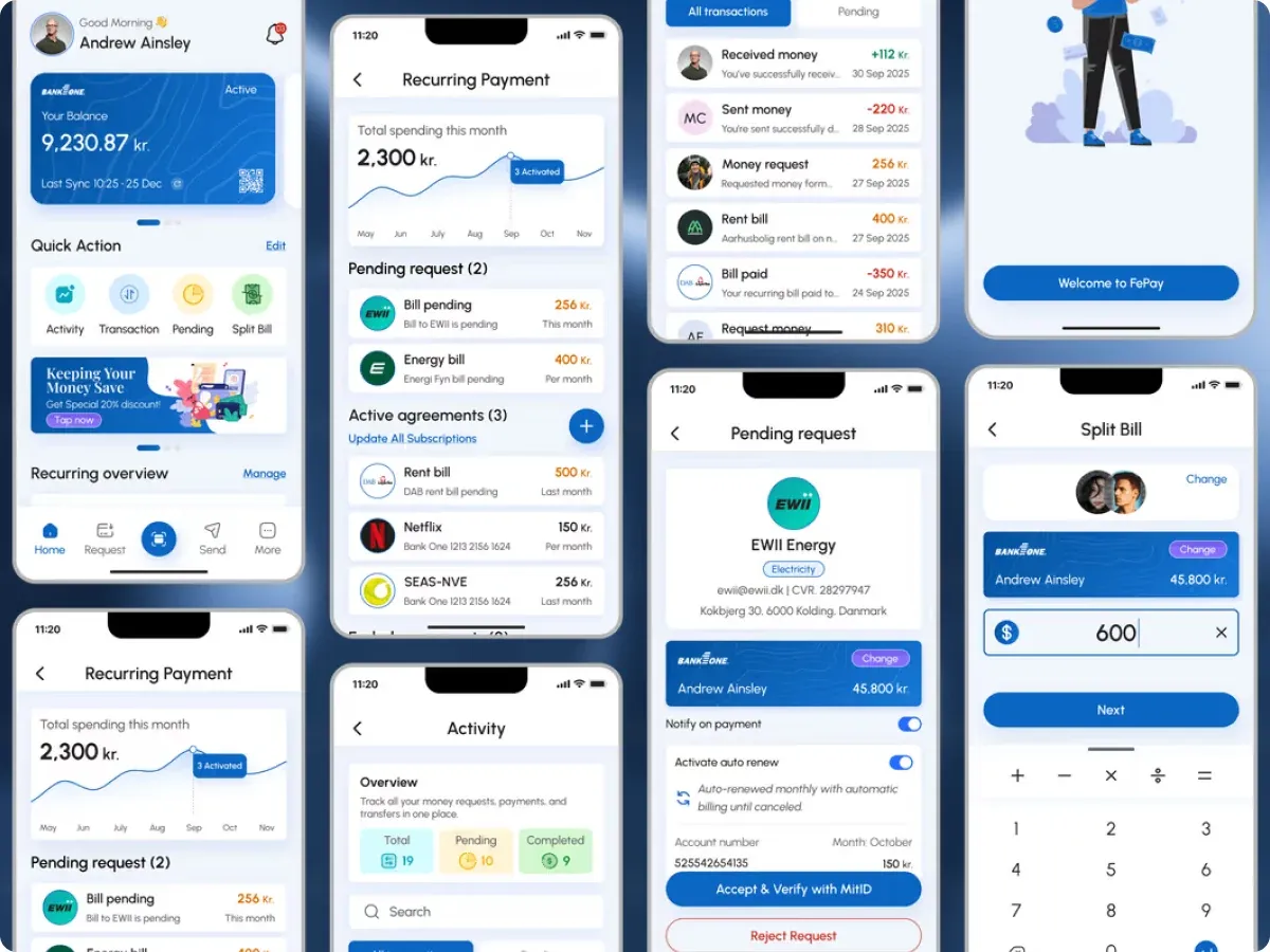 Collage of FePay screens across onboarding, payments, recurring agreements, and activity