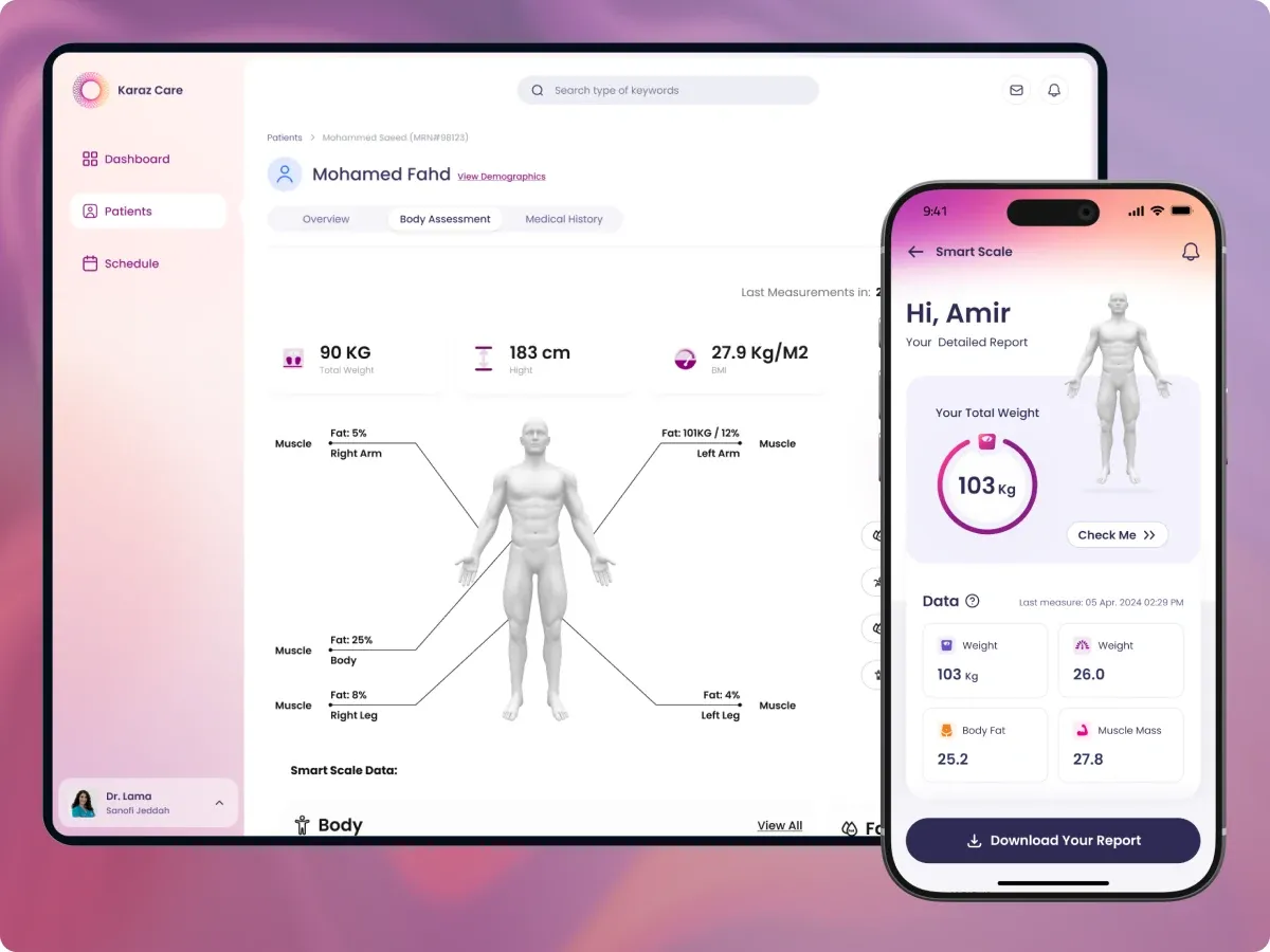Karaz Care body assessment on desktop beside the patient smart-scale report on mobile