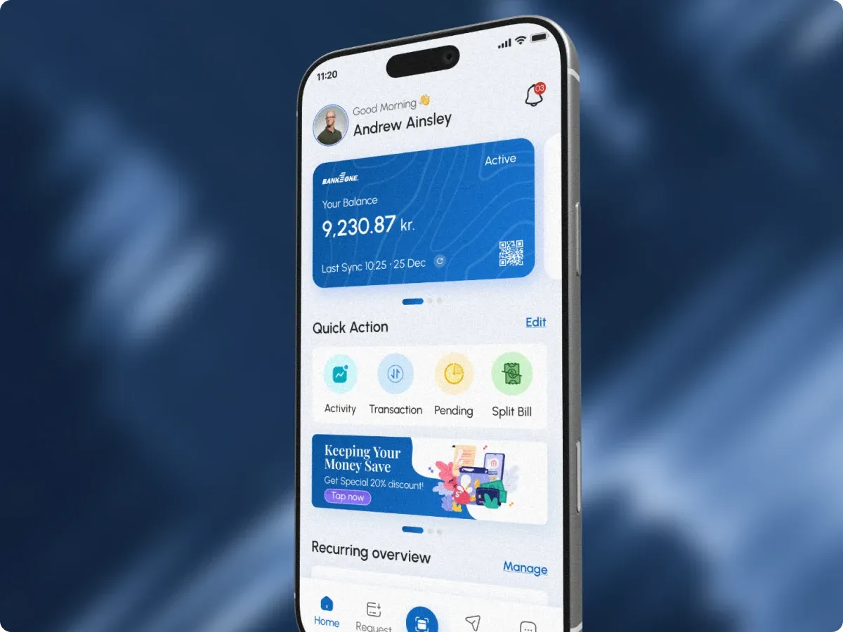 FePay home screen on iPhone, multi-bank balance card, quick actions, and recurring overview