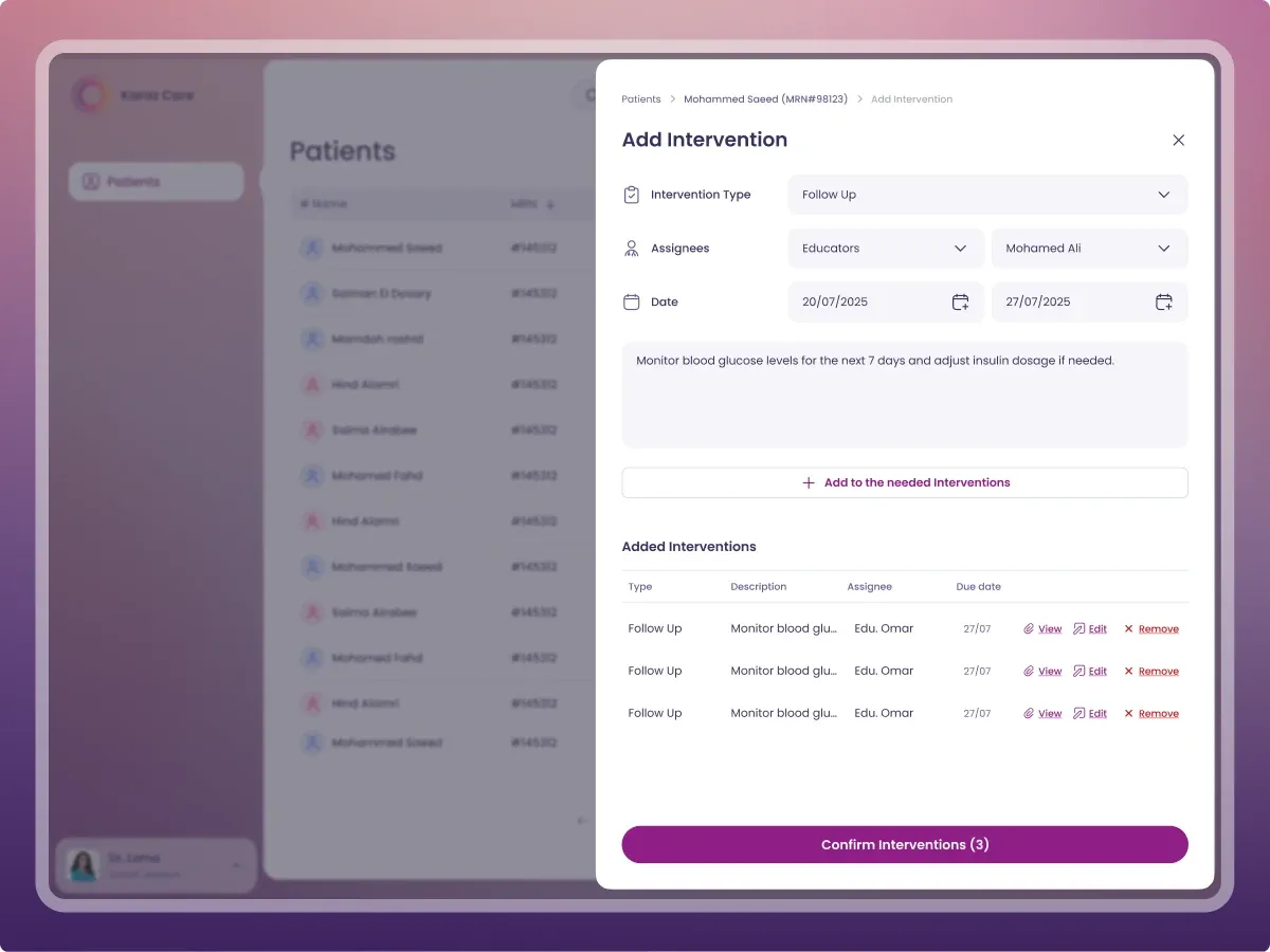 Add intervention over the patient list, with added interventions ready to confirm