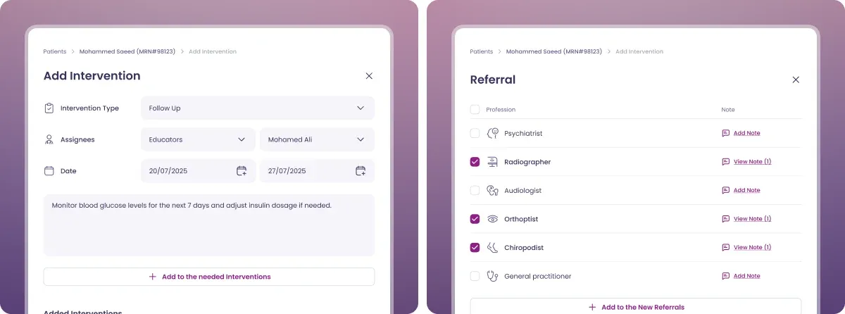 Add intervention and referral panels with assignees, dates, and notes