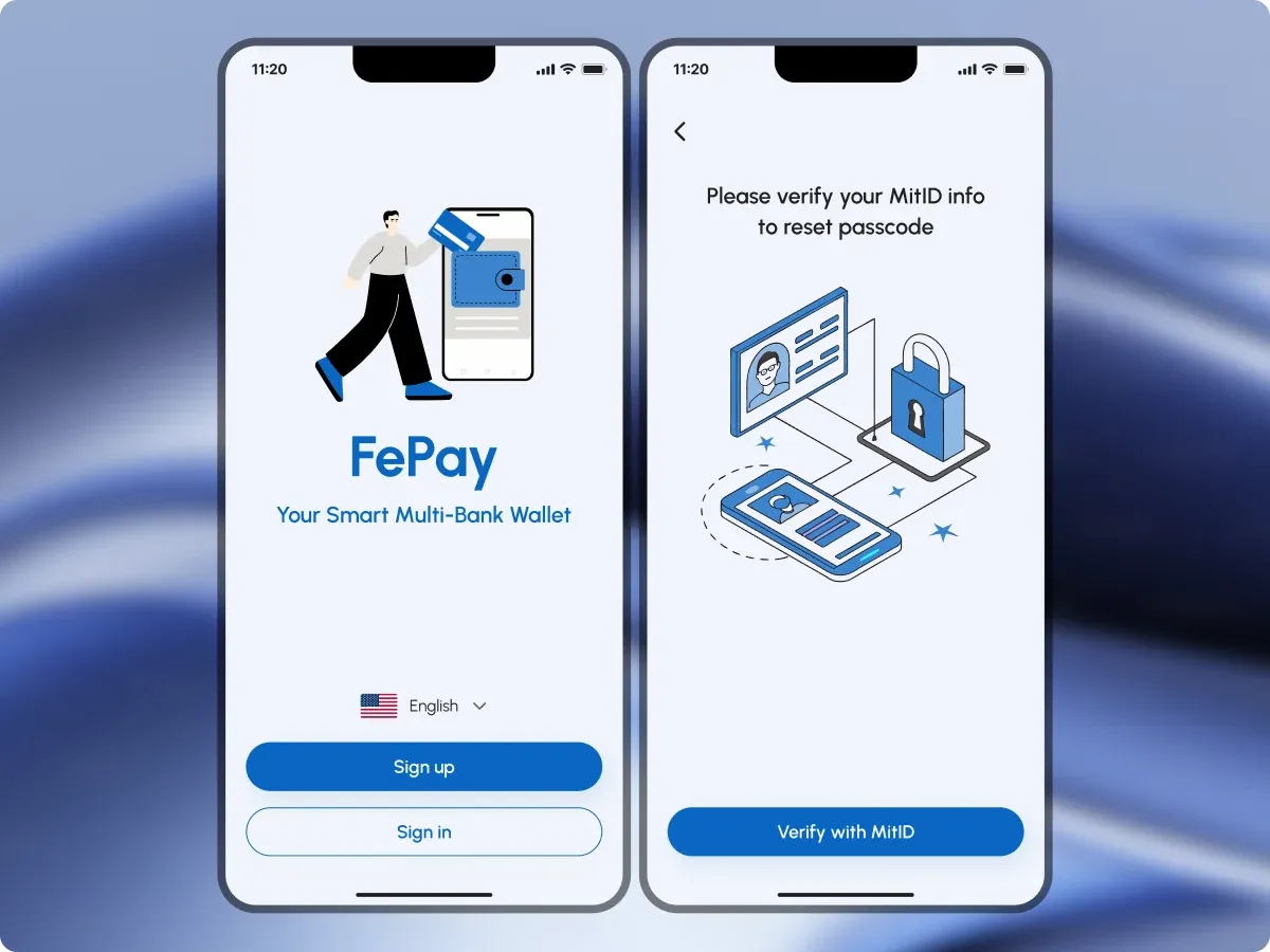 FePay sign-up screen beside the MitID verification screen