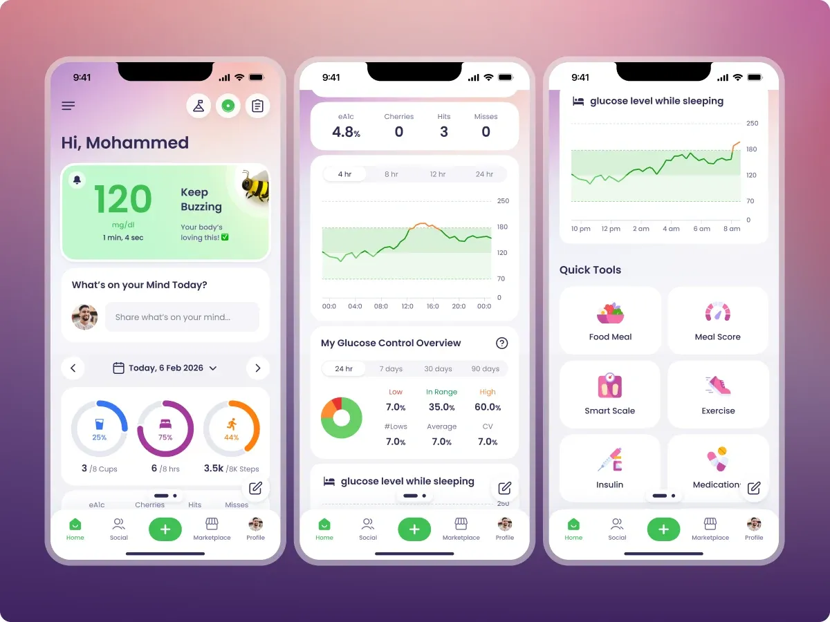 Karaz Health app, daily glucose home, glucose control overview, and quick tools