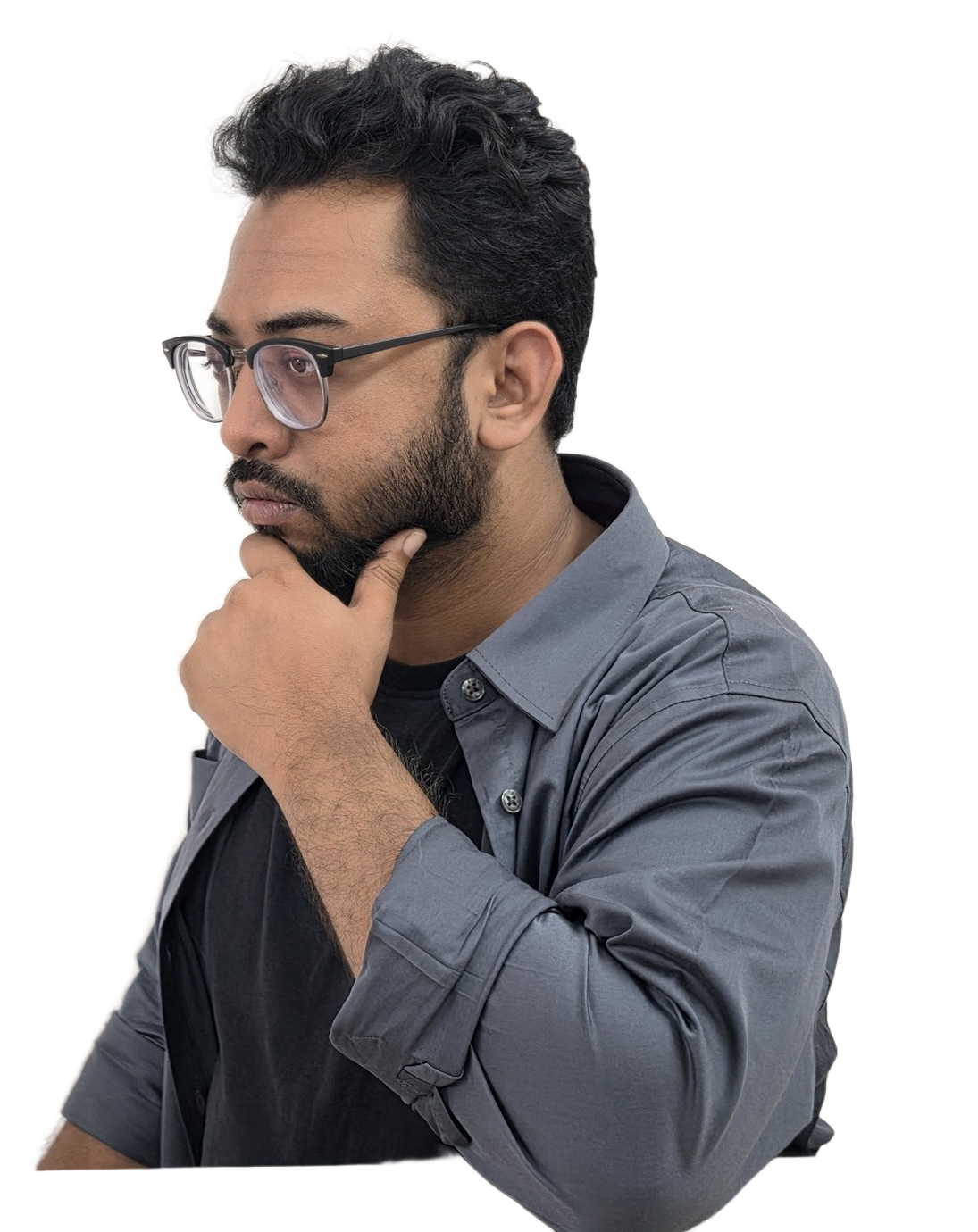 Shahriar Sultan, cutout portrait in profile, hand on chin