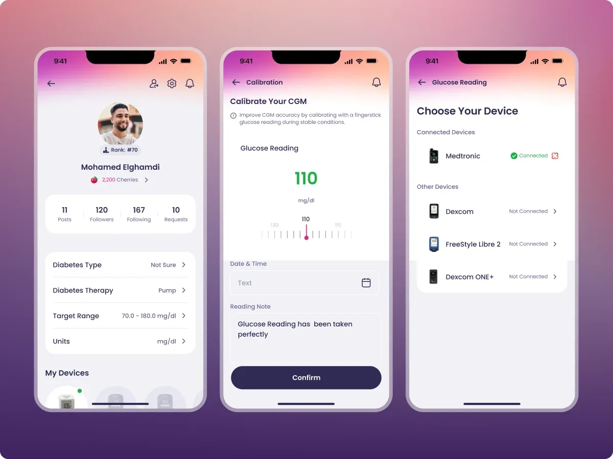 Patient profile with therapy and target range, CGM calibration, and connected device selection