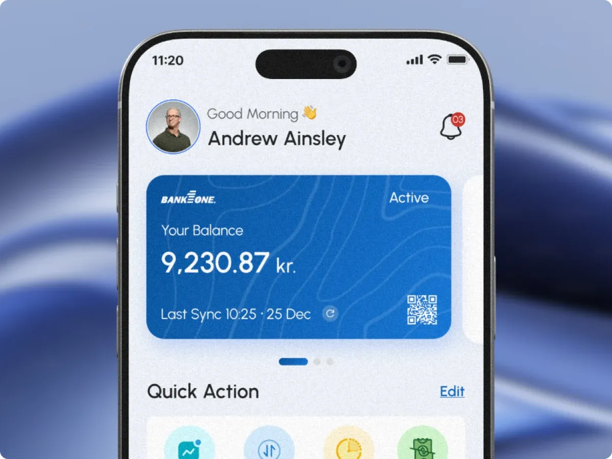 Close-up of the FePay home screen, bank card, balance, last sync, and quick actions