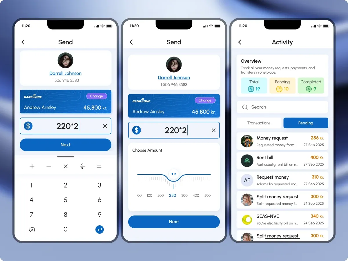 Send flow with amount entry beside the activity overview of requests, payments, and transfers