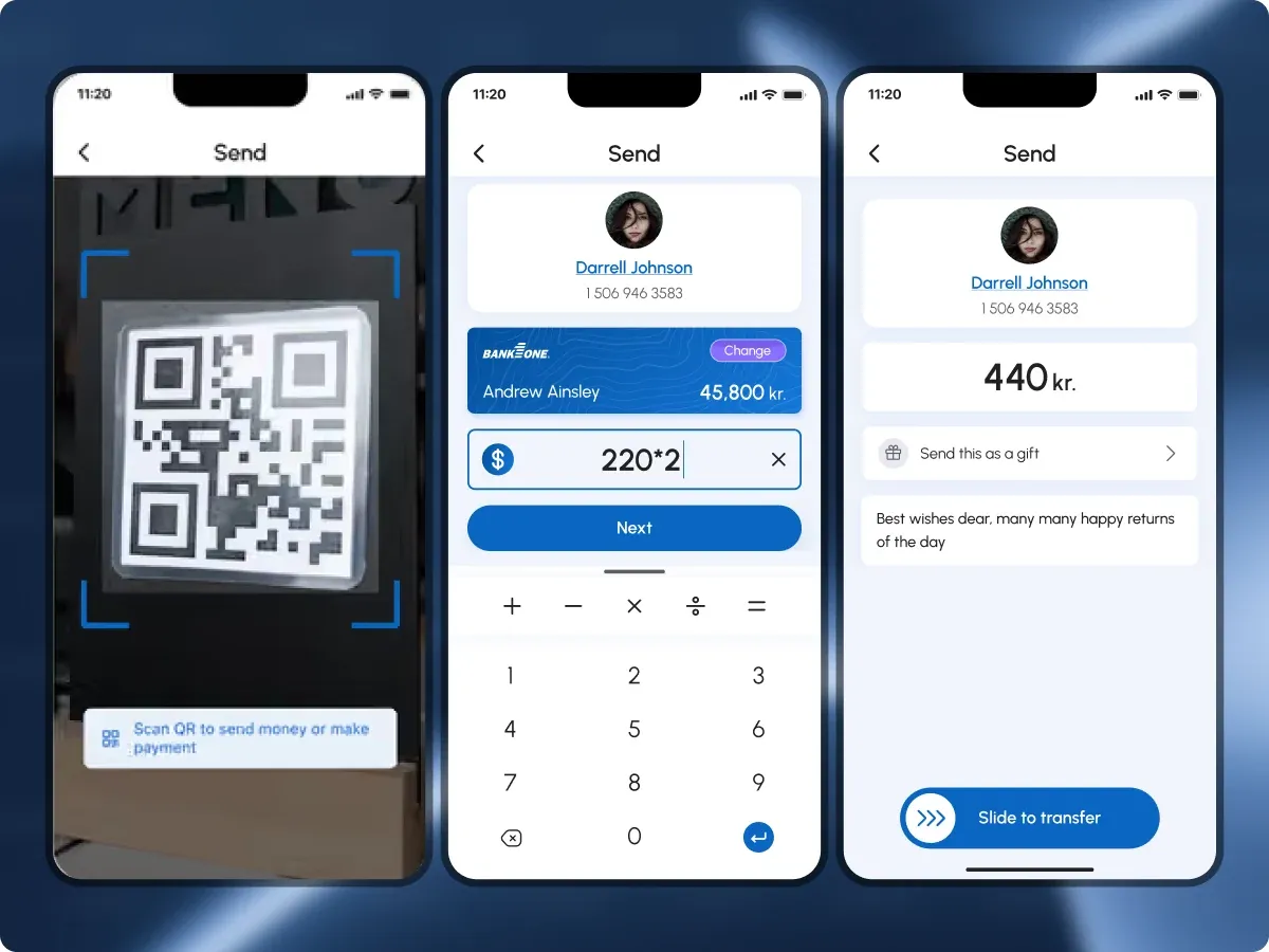QR scan to pay, recipient confirmation, and sending money as a gift