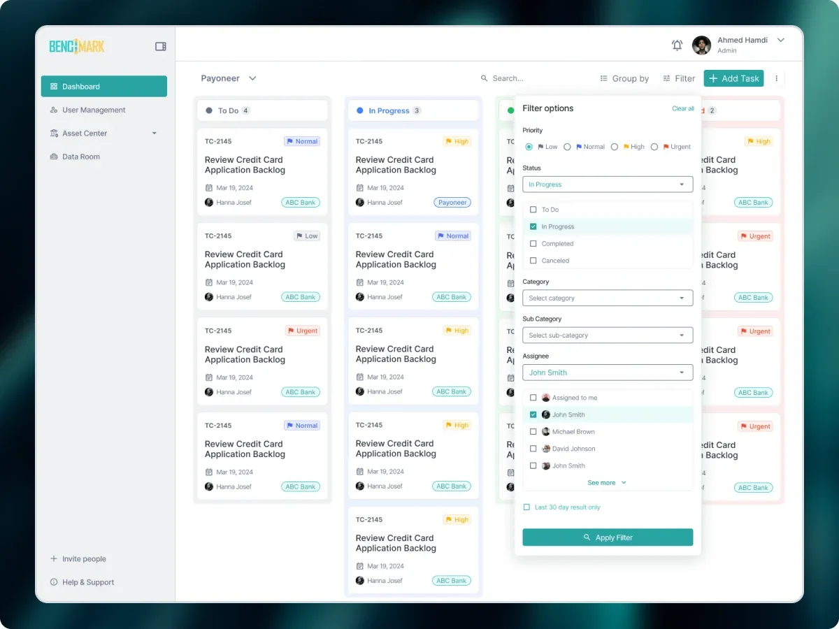 Kanban board with the filter panel open on priority, status, category, and assignee