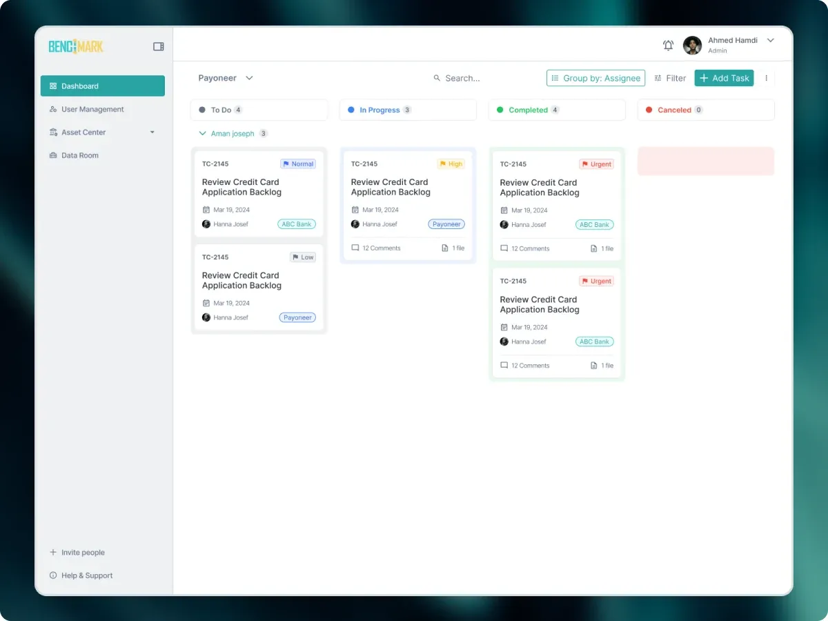 Kanban board grouped by assignee, with comment and file counts on each card