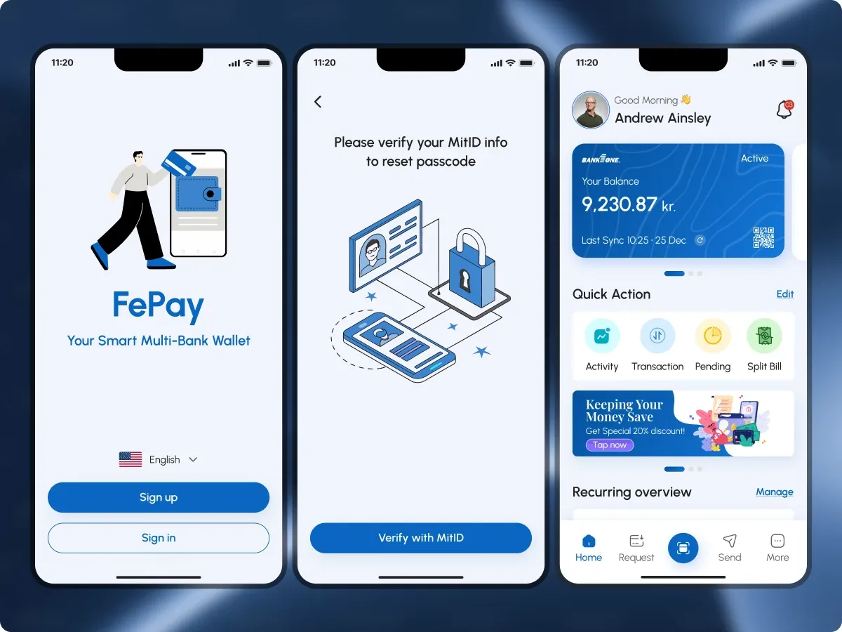 Three FePay onboarding screens, sign up, MitID verification, and the funded home screen