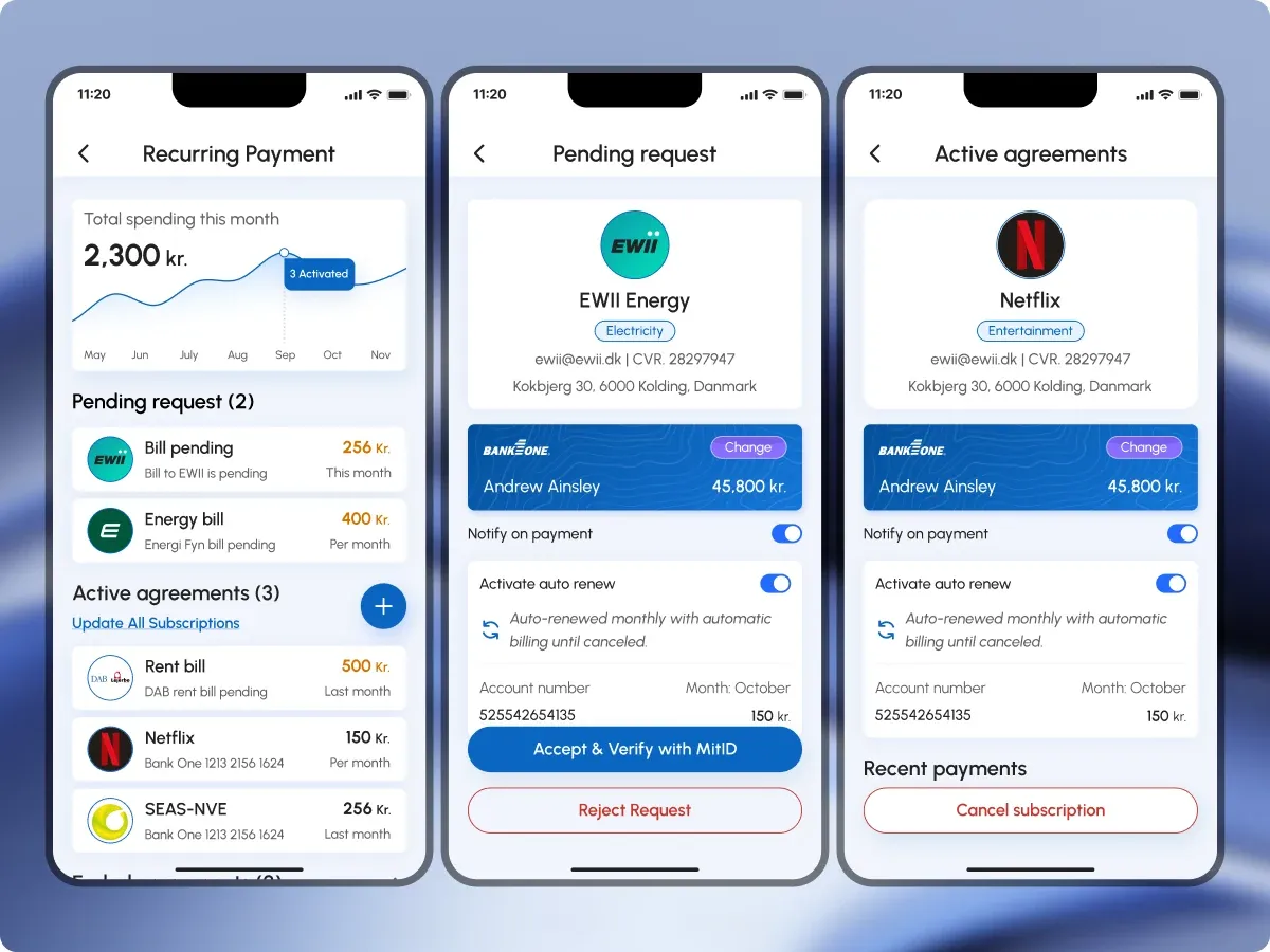Recurring payment dashboard, a pending EWII energy request, and an active Netflix agreement