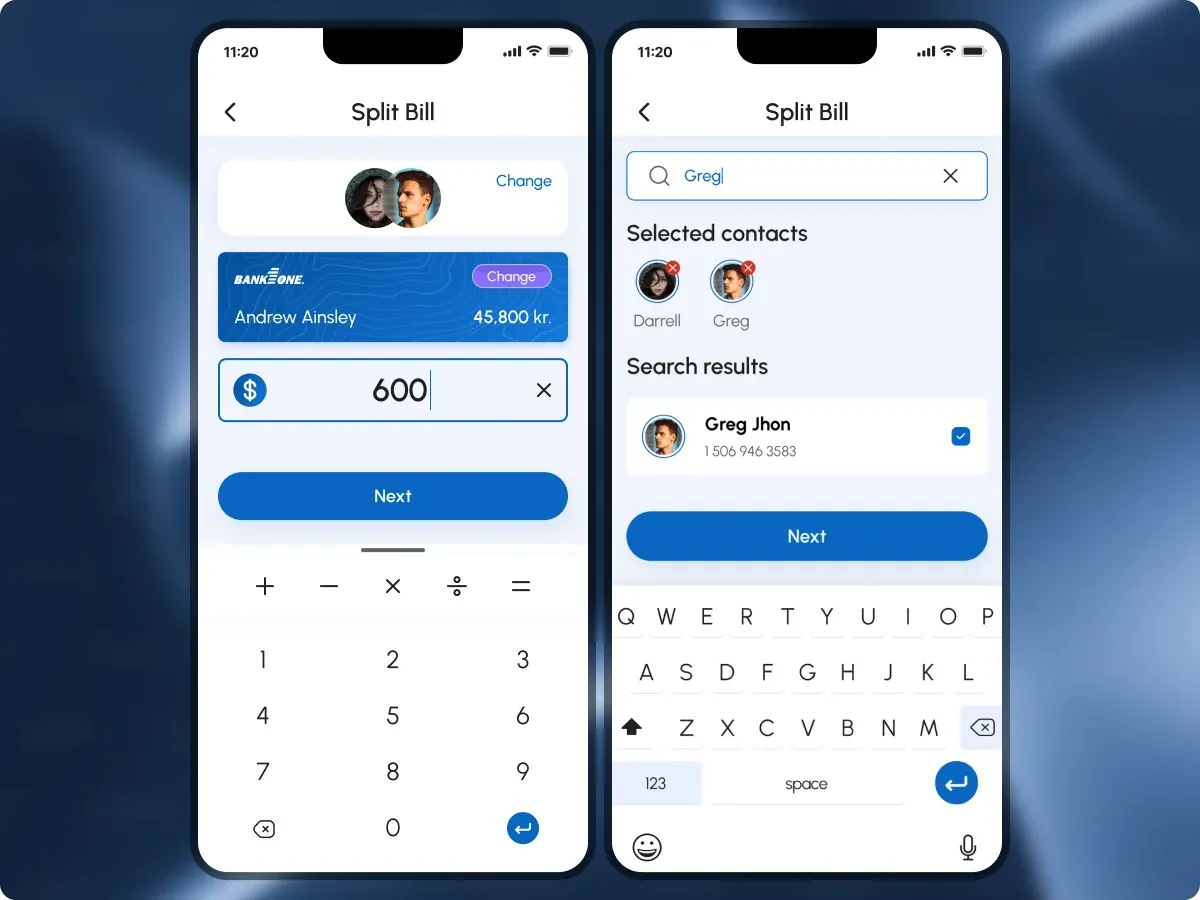 Split bill amount entry beside contact selection for the people sharing the bill