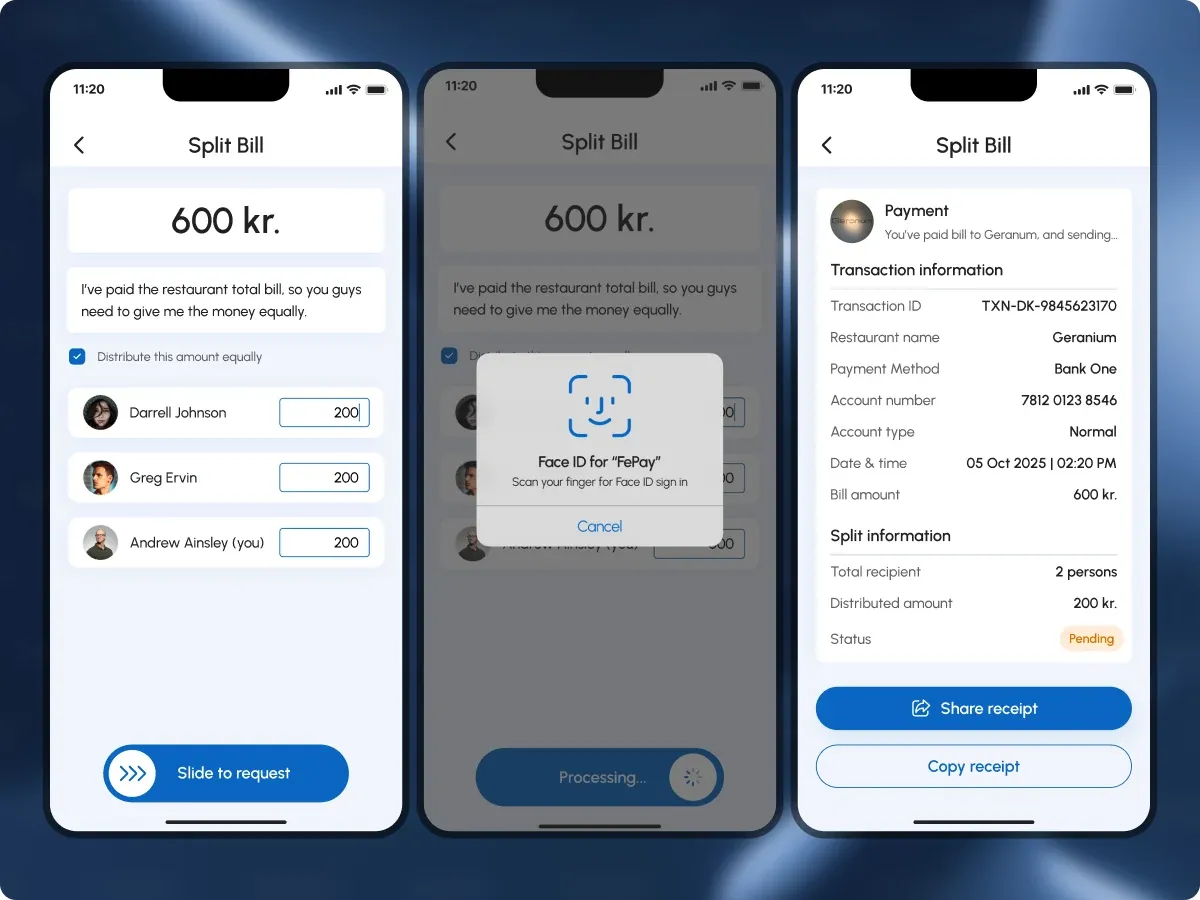 Split bill request, Face ID confirmation, and the shareable transaction receipt