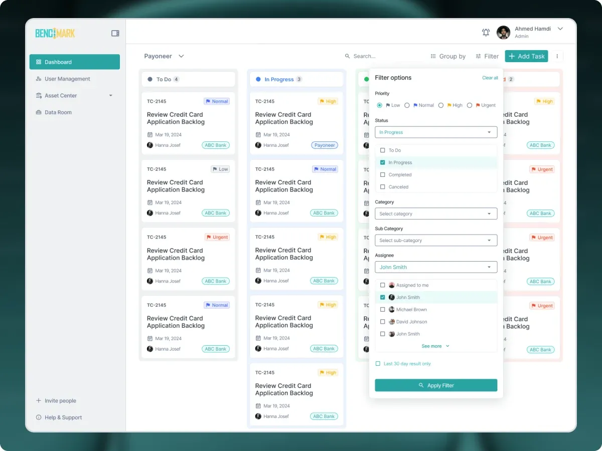 Filter options applied across the four status columns of the task board