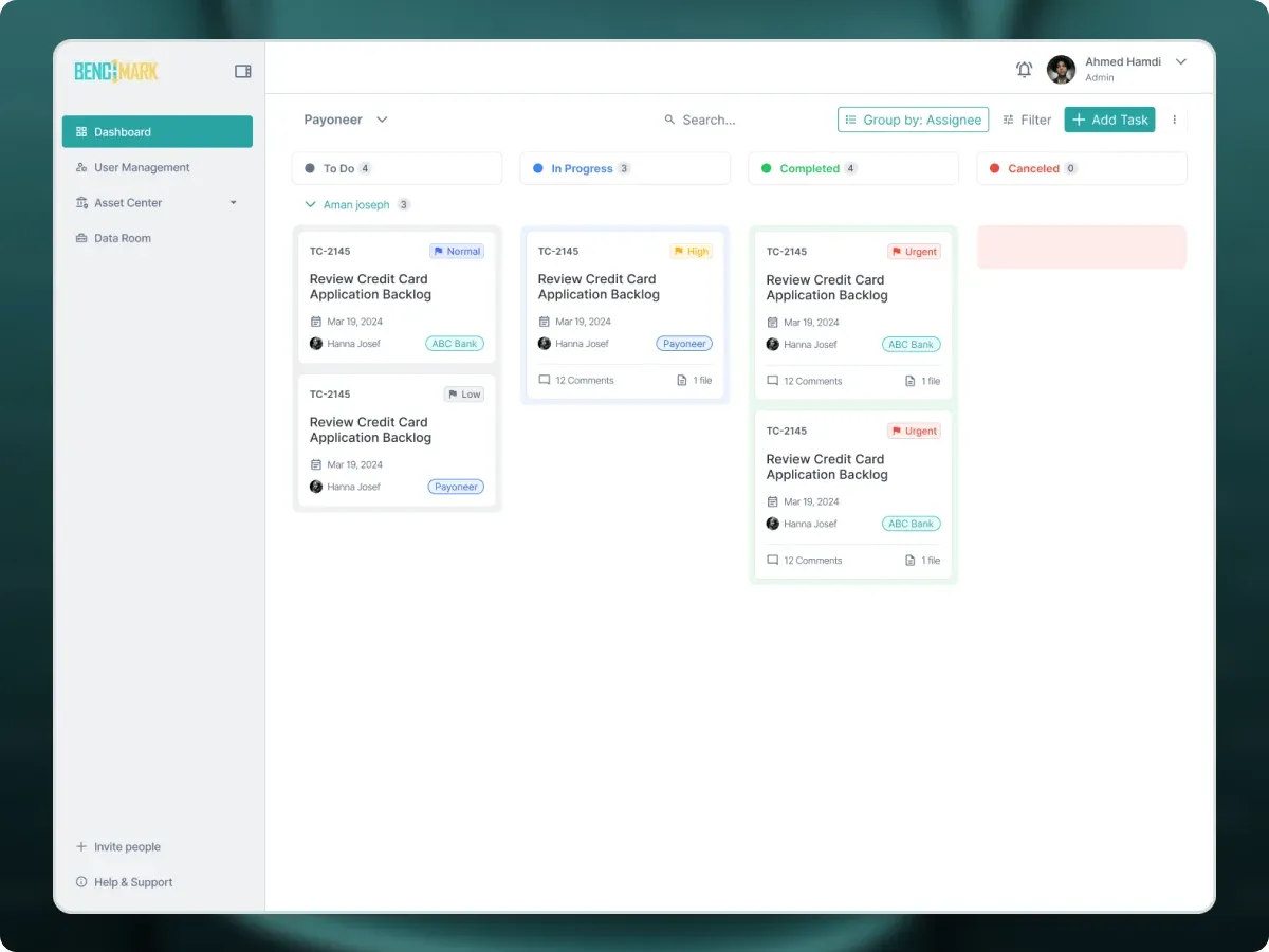 Task board grouped into to do, in progress, completed, and cancelled columns