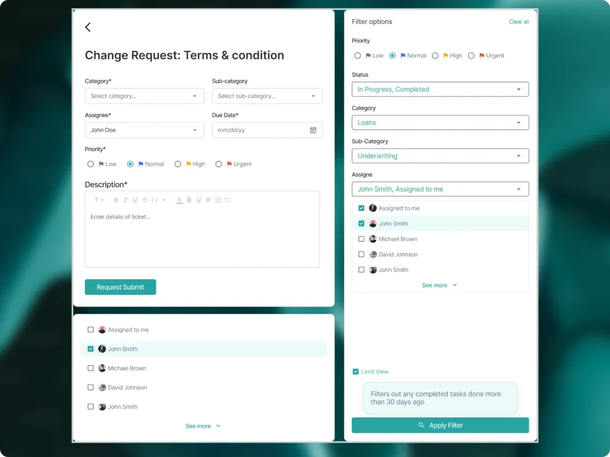 Change request form beside the filter panel for terms and condition updates