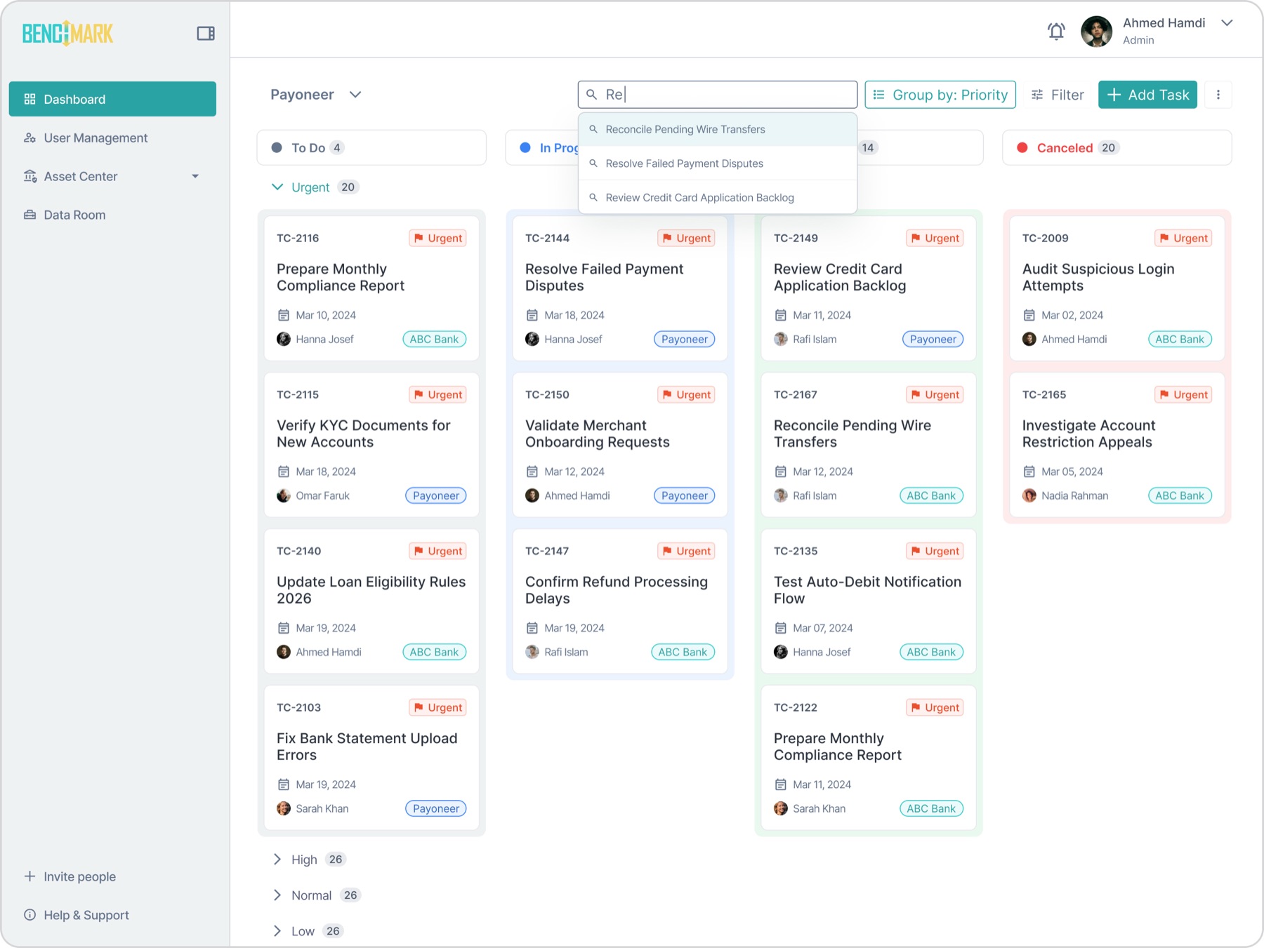 Dashboard board search view — six-item sidebar, global search prominent, clean table canvas