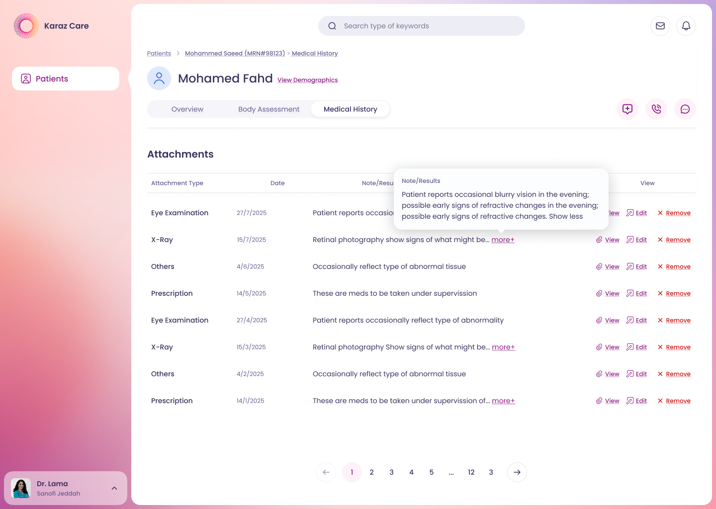Doctor — Attachments view inside Medical History with an inline note preview popover