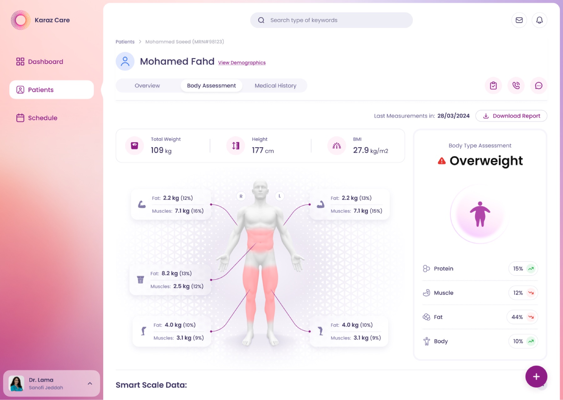 Doctor — Body Assessment tab with body diagram, weight and composition stats, and an Overweight indicator