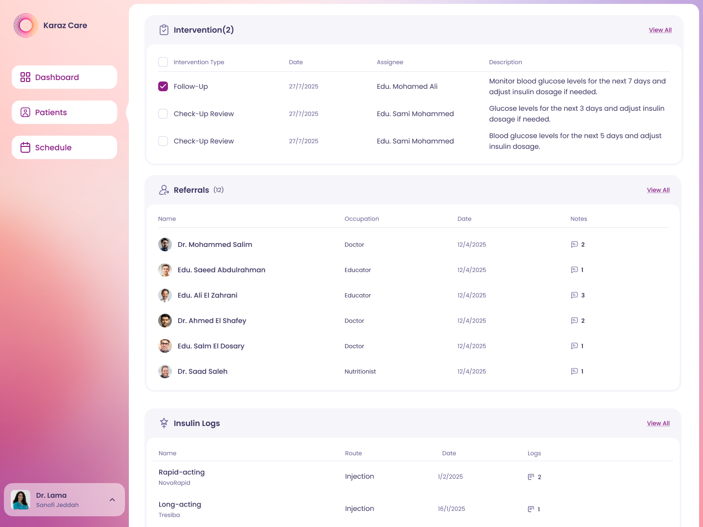 Doctor — deeper in Medical History showing Intervention table, Referrals, and Insulin Logs
