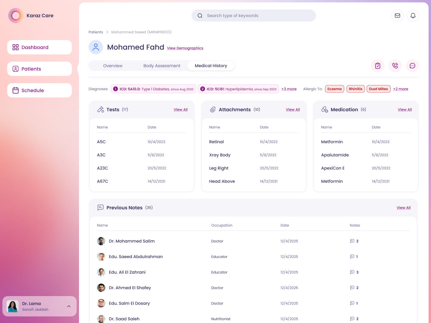 Doctor — Medical History tab split into Tests, Attachments, Medication, and Previous Notes