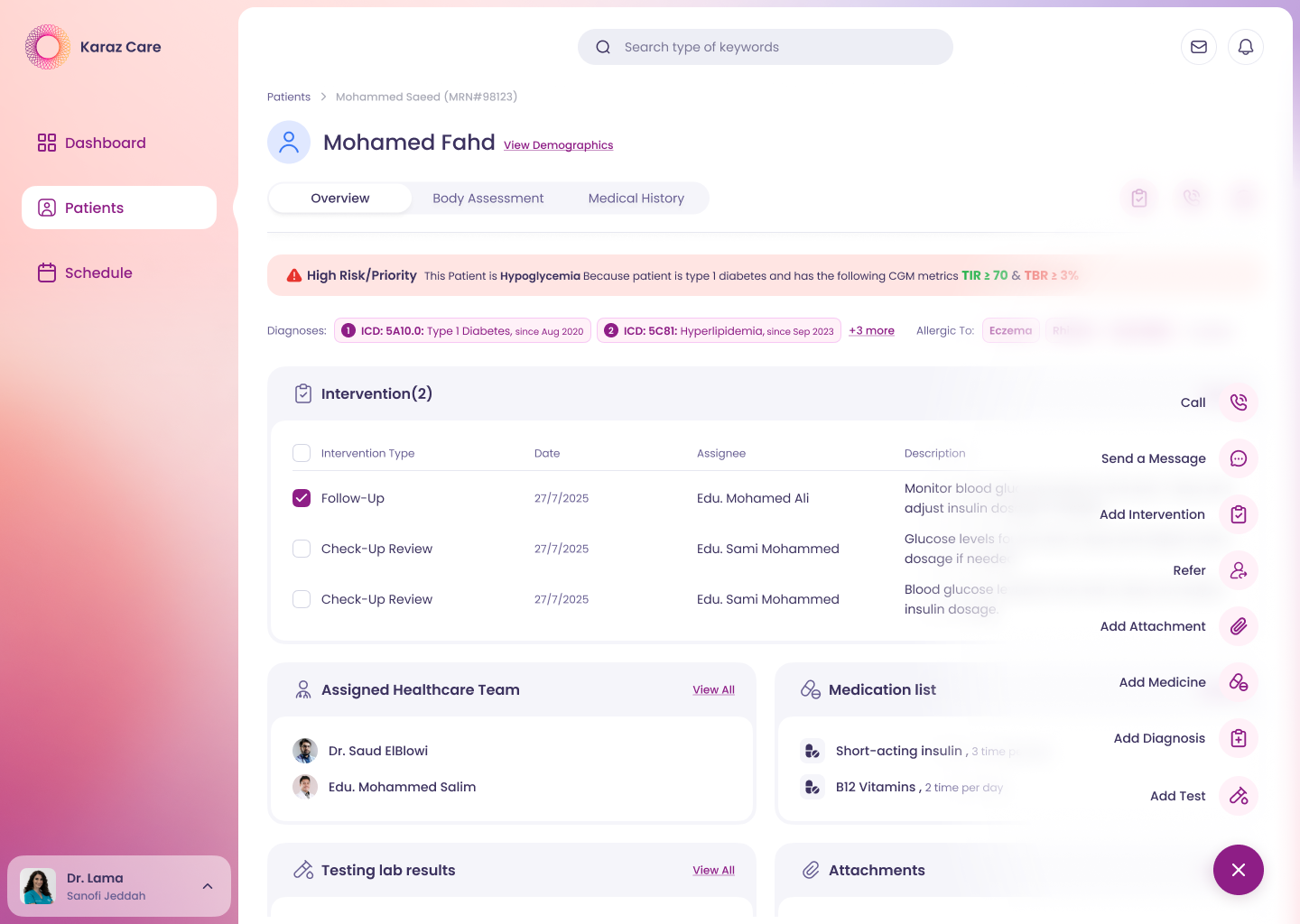 Patient overview with floating action button expanded showing 8 actions — call, message, refer, intervention, medicine, diagnosis, test, attachment