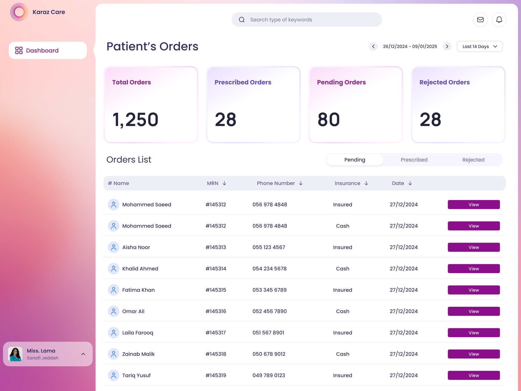 Pharmacy portal — Patient's Orders with stat cards, filter tabs, and an orders list with insurance type per row