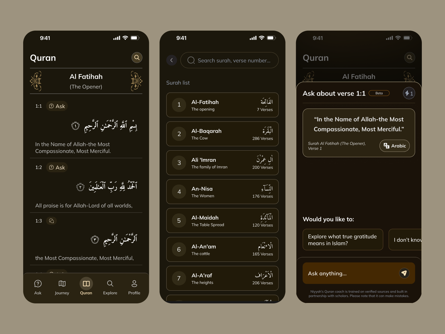The Quran reading screen — Arabic and translation in one layout with no toggle