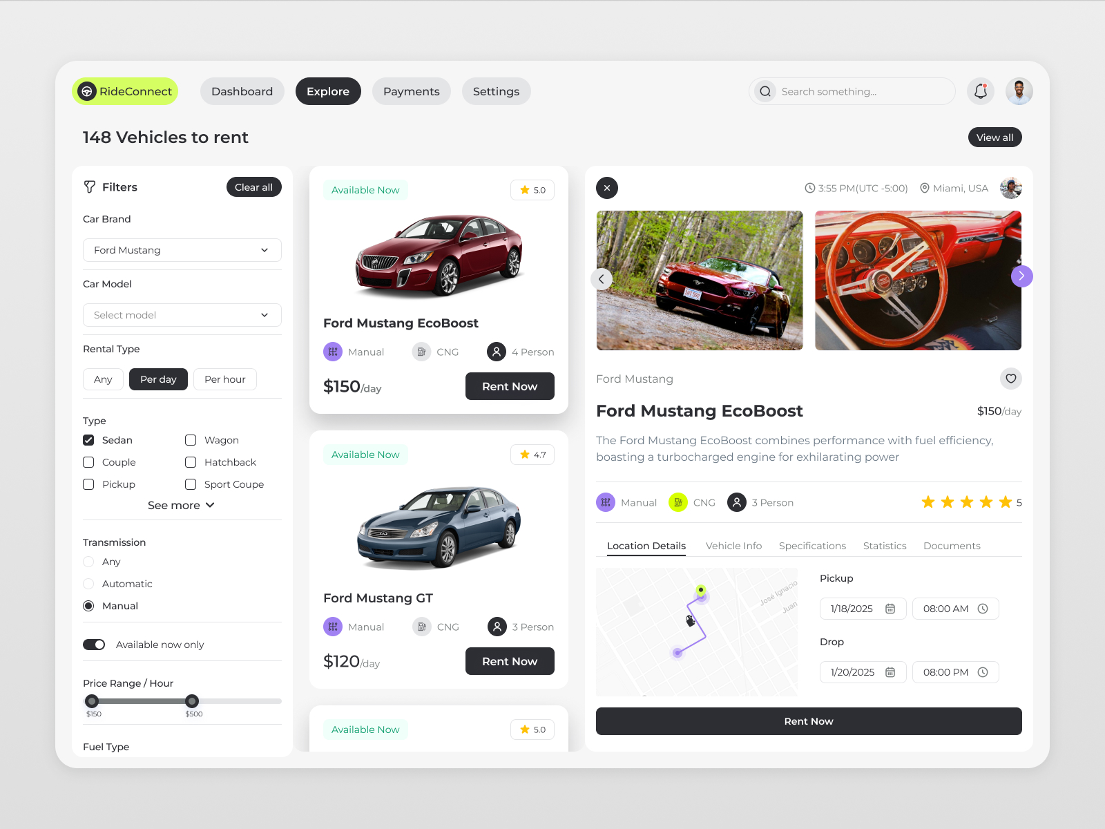 RideConnect vehicle rental dashboard
